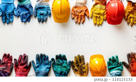 Colorful Frame Border Background with Safety Gloves and Helmets for Labor Day Celebration Colorful Frame Border Background with Safety Gloves and Helmets for Labor Day Celebration 118125133