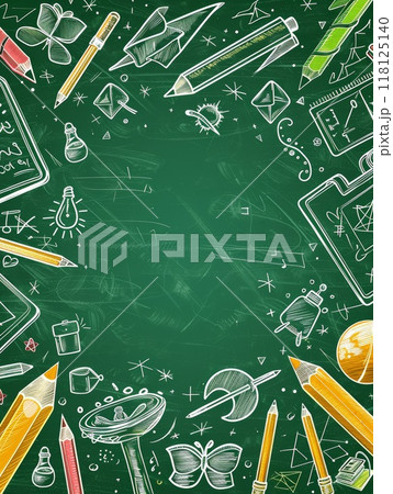 Back to School Frame Background with Chalkboard and School Supplies for Educational and Academic Themes 118125140