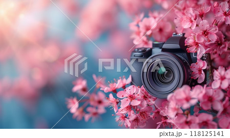 Elegant Camera Surrounded by Pink Blossoms on Pastel Background Celebrating World Photography Day Elegant Camera Surrounded by Pink Blossoms on Pastel Background Celebrating World Photography Day 118125141