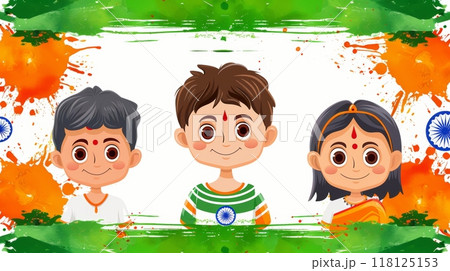 Children Celebrating India Independence Day with Traditional Attire and National Colors Children Celebrating India Independence Day with Traditional Attire and National Colors 118125153