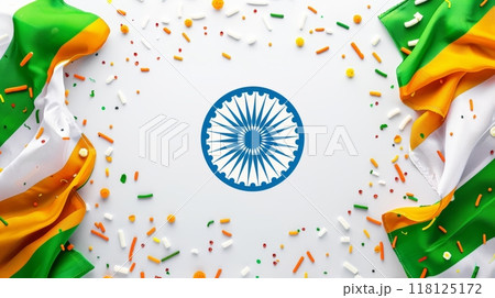 India Independence Day Celebration with Indian Flag Colors and Ashoka Chakra on White Background 118125172
