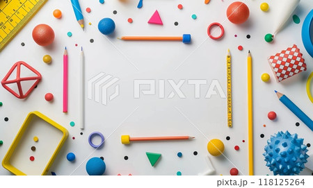 Colorful Education Back to School Background with Stationery and Geometric Shapes for Creative Learning Colorful Education Back to School Background with Stationery and Geometric Shapes for Creative Learning 118125264