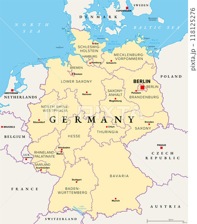 Germany, officially the Federal Republic of Germany, political map. Country in Central Europe with capital Berlin. Map of the 16 constituent states with borders, capitals, and neighbor countries. 118125276