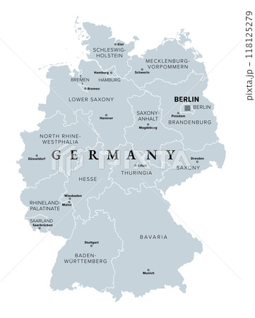 Germany, 16 constituent states with borders and capitals, gray political map. Officially the Federal Republic of Germany, a country in Central Europe with capital Berlin. Isolated illustration. Vector 118125279