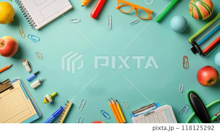 Colorful Border Frame Background with Back to School Supplies on Turquoise Surface for Education and Learning Concepts Colorful Border Frame Background with Back to School Supplies on Turquoise Surface for Education and Learning Concepts 118125292