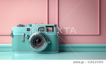 Vintage Camera on Pastel Background Celebrating World Photography Day with Soft Colors and Retro Vibes 118125303