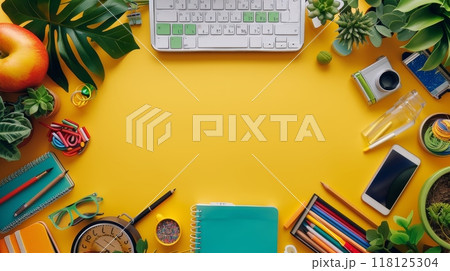 Vibrant Border Frame Background with Back to School Supplies on Yellow Desk for Education and Learning Concepts 118125304