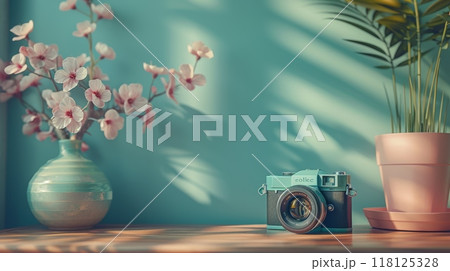 World Photography Day Celebration with Vintage Camera and Pastel Background Featuring Floral Decor and Soft Lighting World Photography Day Celebration with Vintage Camera and Pastel Background Featuring Floral Decor and Soft Lighting 118125328