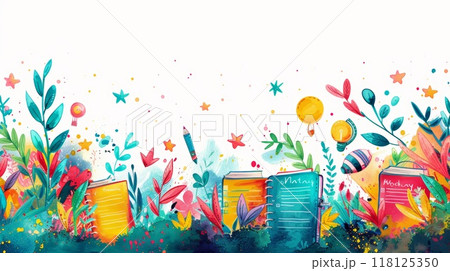 Colorful Education Back to School Background with Books, Pencils, and Balloons in a Vibrant Artistic Style Colorful Education Back to School Background with Books, Pencils, and Balloons in a Vibrant Artistic Style 118125350