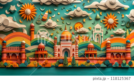 Vibrant Paper Art Celebrating India's Independence Day with Iconic Monuments and Cultural Symbols 118125367