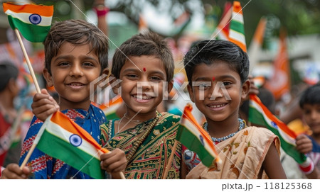 Joyful Children Celebrating India Independence Day with Flags and Traditional Attire in a Festive Atmosphere Joyful Children Celebrating India Independence Day with Flags and Traditional Attire in a Festive Atmosphere 118125368