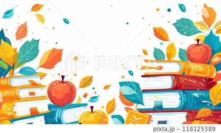 Colorful Education Back to School Background with Books, Apples, and Leaves for a Vibrant and Inspiring Learning Environment Colorful Education Back to School Background with Books, Apples, and Leaves for a Vibrant and Inspiring Learning Environment 118125389