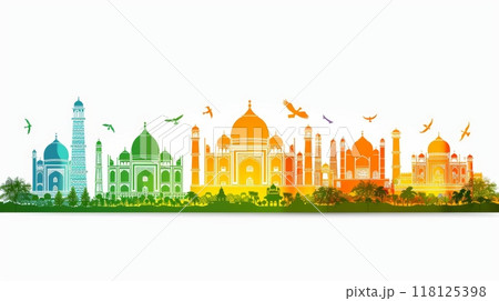 Vibrant Illustration of Indian Landmarks in Tricolor Theme Celebrating India Independence Day Vibrant Illustration of Indian Landmarks in Tricolor Theme Celebrating India Independence Day 118125398