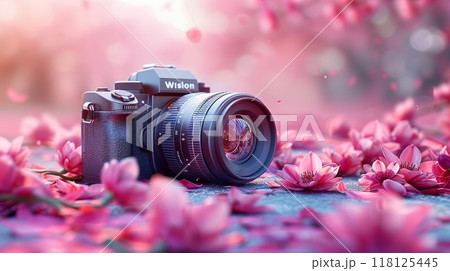 Celebrate World Photography Day with a Stunning Camera Surrounded by Pink Flowers on a Pastel Background 118125445