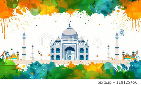 Vibrant Illustration of Taj Mahal with Indian Tricolor Splashes Celebrating India Independence Day 118125456