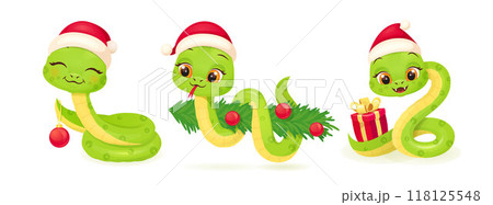Cute snake characters with smiling faces. Merry christmas and Happy new year 2025 invitation card. 118125548