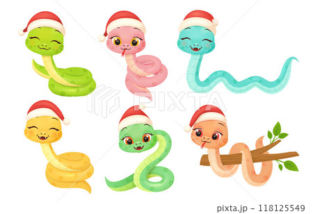 Cute snake characters with smiling faces. Merry christmas and Happy new year 2025 invitation card. 118125549