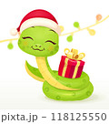Cute snake characters with smiling faces. Merry christmas and Happy new year 2025 invitation card. 118125550