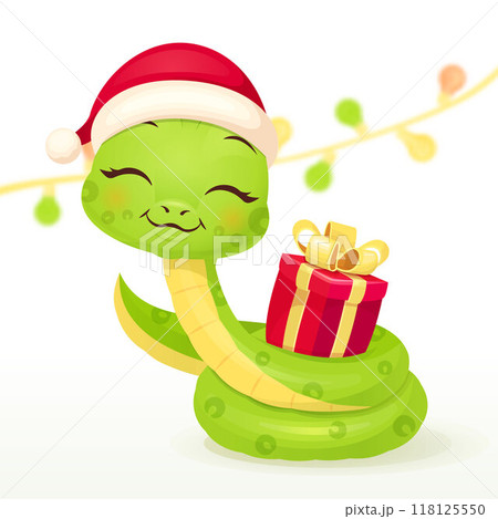 Cute snake characters with smiling faces. Merry christmas and Happy new year 2025 invitation card. 118125550
