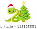 Cute snake characters with smiling faces. Merry christmas and Happy new year 2025 invitation card. 118125551