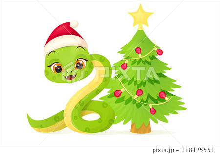Cute snake characters with smiling faces. Merry christmas and Happy new year 2025 invitation card. 118125551