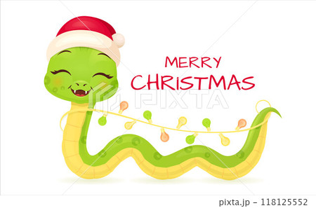 Cute snake characters with smiling faces. Merry christmas and Happy new year 2025 invitation card. 118125552