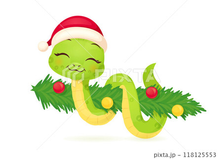 Cute snake characters with smiling faces. Merry christmas and Happy new year 2025 invitation card. 118125553