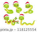 Cute snake characters with smiling faces. Merry christmas and Happy new year 2025 invitation card. 118125554