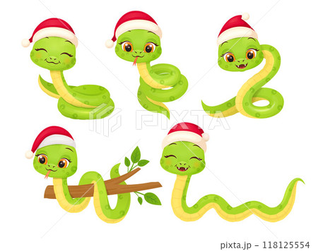 Cute snake characters with smiling faces. Merry christmas and Happy new year 2025 invitation card. 118125554