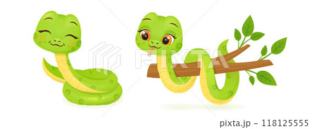 Cute snake characters with smiling faces. Merry christmas and Happy new year 2025 invitation card. 118125555