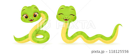 Cute snake characters with smiling faces. Merry christmas and Happy new year 2025 invitation card. 118125556