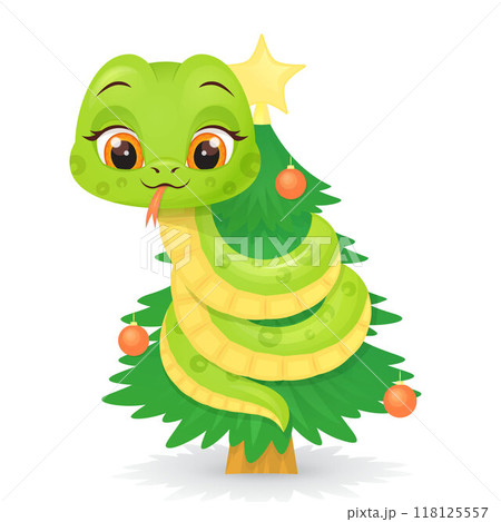 Cute snake characters with smiling faces. Merry christmas and Happy new year 2025 invitation card. 118125557