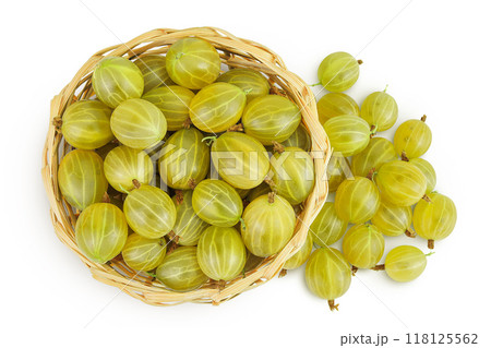 Green gooseberry in a wicker basket isolated on white background. Top view. Flat lay. 118125562