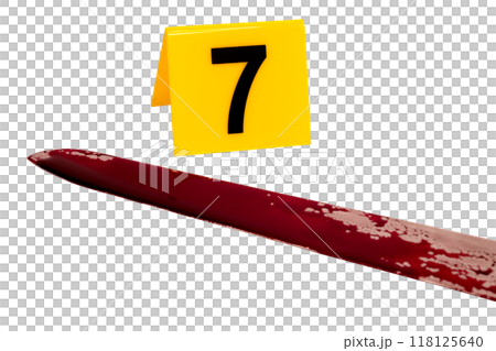 forensic concept - knife in blood and evidence marker at crime scene. on transparent background. High quality photo 118125640