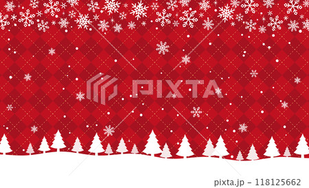 赤い背景にクリスマス雪の結晶とツリーのクリスマス背景素材　ベクター 118125662