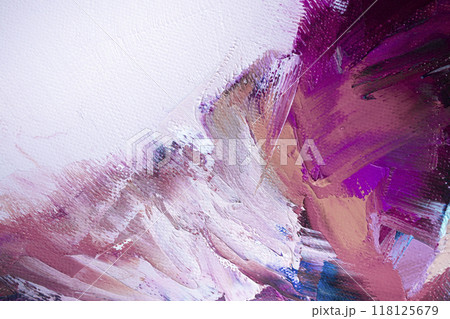 Vibrant abstract painting showcasing dynamic brush strokes in shades of purple and pink on a textured canvas 118125679