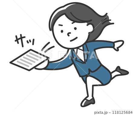 書類をサッと出すスーツを着た女性社員 書類をサッと出すスーツを着た女性社員 118125684