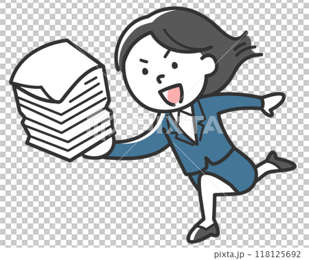 A female employee in a suit presenting a pile of documents A female employee in a suit presenting a pile of documents 118125692