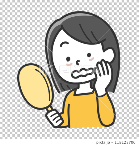 Illustration of a woman holding a hand mirror and worrying about dark circles under her eyes 118125700