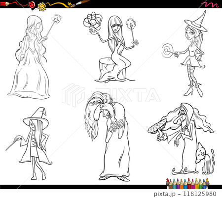 funny cartoon witches fantasy characters set coloring page funny cartoon witches fantasy characters set coloring page 118125980