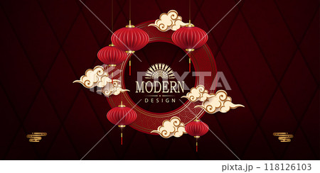 Burgundy postcard with isolated round frame with air lanterns and clouds 118126103