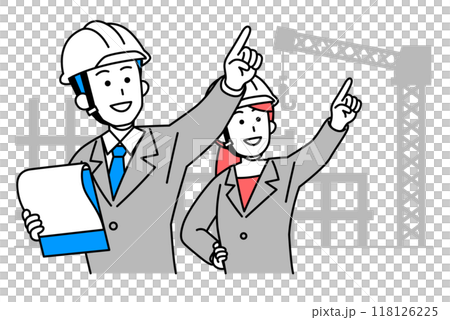 A man and woman in a suit giving instructions while looking at documents at a construction site 118126225