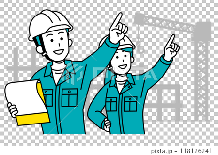 Male and female workers giving instructions while looking at documents at a construction site 118126241