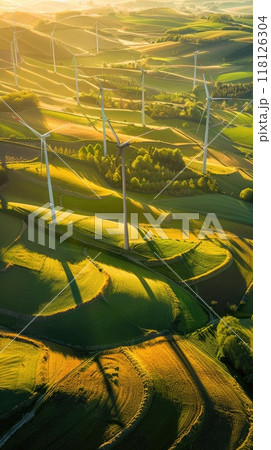 Windmill park in the Netherlands at sunset, golden light casting long shadows over rolling hills, warm and inspiring vision of sustainable energy. Windmill park clean energy nehterlands 118126304