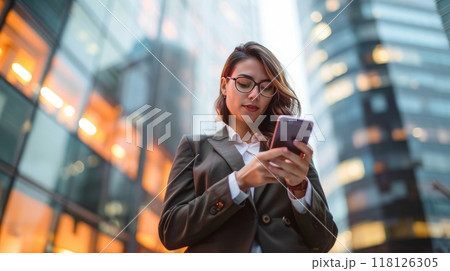 Successful female entrepreneur negotiating deal on smartphone, vibrant city atmosphere in background Female executive making a successful deal 118126305