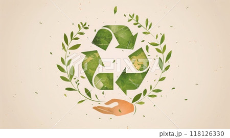 Hand holding recycling symbol icon with green vines, eco-friendly design with earth tones and curvature. Icon representing the ecological call to recycle 118126330