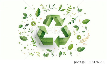 White background icon with green recycle symbol, arrows in loop, and eco-friendly elements like leaves, globe, and water droplets. Icon representing the ecological call to recycle 118126359