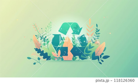 Blue to green gradient recycling symbol icon with plant illustrations, eco-friendly design with simple green background. Icon representing the ecological call to recycle 118126360