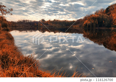 Autumn lake on dark background. 118126700