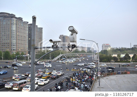 CCTV surveillance cameras monitoring Chang'an Avenue major road near Tiananmen Square in Beijing, capital of China CCTV surveillance cameras monitoring Chang'an Avenue major road near Tiananmen Square in Beijing, capital of China 118126717